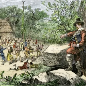 Revelry at Merrymount in colonial Massachusetts, 1600s