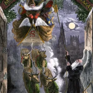 Santa Claus and Father Time Print, 1874 Hand-colored woodcut Santa Claus and Father Time Print, 1874 Hand-colored woodcut
