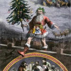 Santa Claus on a Rooftop Carrying a Decorated Christmas Tree Print, 1860s Santa Claus on a Rooftop Carrying a Decorated Christmas Tree Print, 1860s