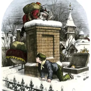 Santa Claus on a rooftop hiding from a boy, 1870s Print Santa Claus on a rooftop hiding from a boy, 1870s Print