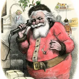 Santa Claus on Telephone Print, 1880s Hand-Colored Woodcut Santa Claus on Telephone Print, 1880s Hand-Colored Woodcut