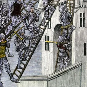 Scaling walls of a fort during the Hundred Years War