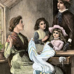 Hand-colored Woodcut Print of a 19th-Century Seamstress Hand-colored Woodcut Print of a 19th-Century Seamstress