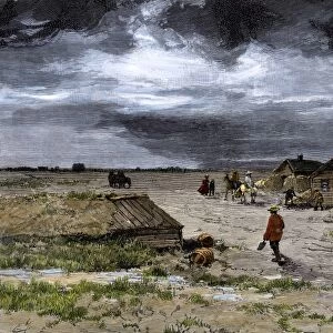 Settlers preparing their prairie homestead for winter