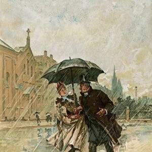 Sharing an umbrella, England, 1800s