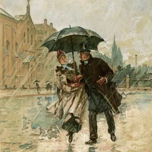 Sharing an umbrella, England, 1800s