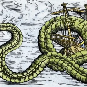 Barco atacado por una serpiente marina en el Mar de la Oscuridad. Barco atacado por una serpiente marina en el Mar de la Oscuridad.