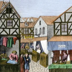 Medieval Street Scene Print: Shops of a 15th-Century French Town