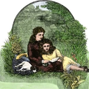 Sisters reading a book, 1800s
