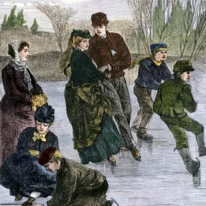 Print of Winter Skating Scene, Hand-Colored Woodcut Print of Winter Skating Scene, Hand-Colored Woodcut