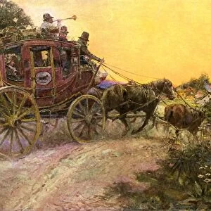 Stagecoach approaching a village on the post road
