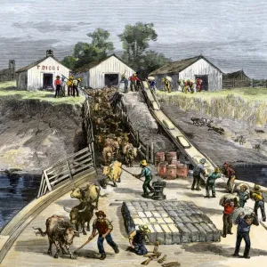 Steamboat taking on cargo, Mississippi river, 1800s