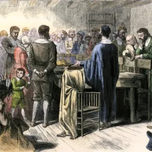 Hand-colored woodcut print of a 19th-century Thanksgiving-Day feast scene Hand-colored woodcut print of a 19th-century Thanksgiving-Day feast scene
