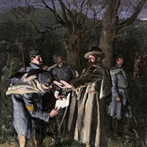 Union sentries reading a Confederate message, Civil War
