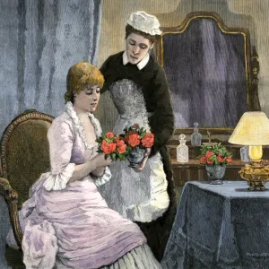 Victorian lady and her maid admiring a bouquet, 1800s