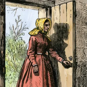 Woman entering a rural home, 1800s