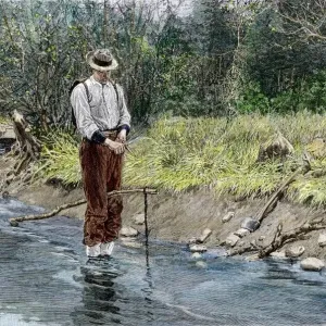 Woodsman setting a beaver trap in a stream Print Woodsman setting a beaver trap in a stream Print