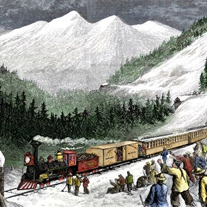 Workers cheering the first train over the mountains from California
