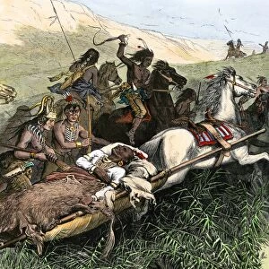 Wounded Comanche chief escaping after a battle