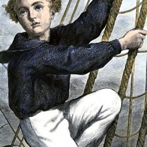 Young sailor climbing the rigging