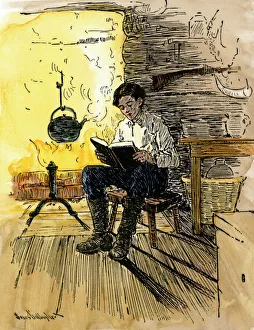 Indiana Prints: Abe Lincoln as a boy reading by firelight in his familys cabin