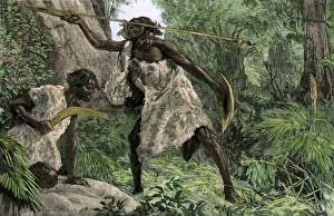 Clothing Prints: Aborigine hunters using an atlatl and a boomerang in an Australian forest