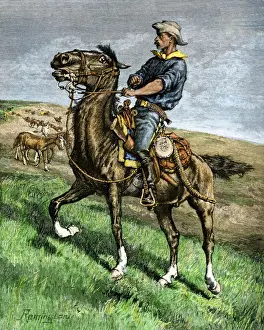 African-American buffalo soldier riding a frisky horse fresh from the herd