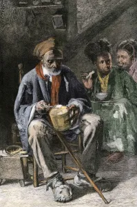 Rural Life Prints: African-American family eating hoe-cake and clabber in a cabin