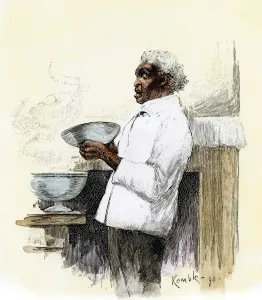 Louisiana Prints: African-American serving dinner in a southern plantation Hand-colored woodcut