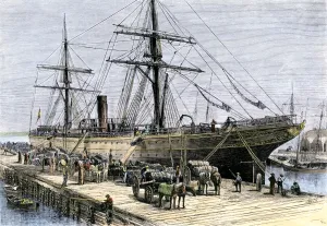 Steam Ship Prints: African-American stevedores loading cotton on a ship in Charlestown