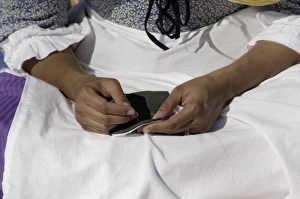Handicraft Prints: African-American woman reenactor sewing at Yorktown battlefield