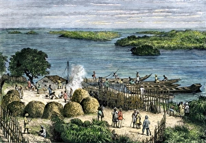 Africa History Prints: African explorer Henry Stanleys camp on the Congo River