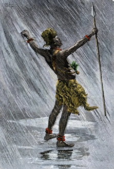 African native shaman invoking rain in the valley of the Congo