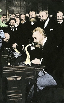 Inventor Prints: Alexander Graham Bell in New York communicatiing for the first time with