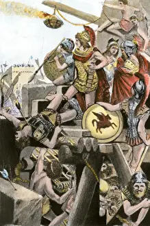 Ancient Greek Prints: Alexander the Great leading the Greek army building a causeway during the siege