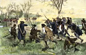American minutemen fight to hold off the British army at Concord Bridge