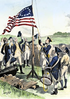 American soldiers hoisting the new 13-star U
