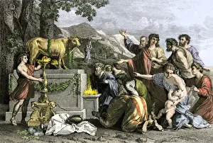 Holy Land Prints: Ancient Hebrews worshipping a calf of molten gold after escaping Egypt