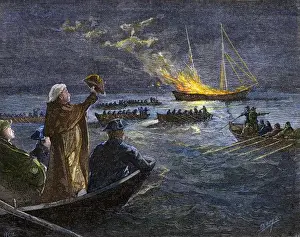 Angry Rhode Island colonists burn the ship Gaspee in Providence