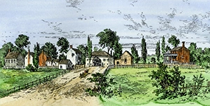 <b class=qtipBold><figcaption>Appomattox Court House, 1800s</figcaption></b><br>Village of Appomattox Court House, Virginia, in the mid-1800s. Hand-colored woodcut of a 19th-century illustration<br><em>© North Wind Picture Archives</em> Appomattox Court House, 1800s