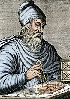 Archimedes using calipers to plan raising water with the Archimedean screw in