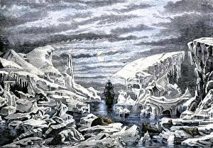 Winter Prints: Arctic icebergs surrounding a sailing ship
