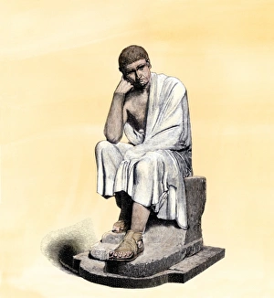 Ancient Greek Prints: Aristotle, seated. Hand-colored woodcut of a 19th-century illustration