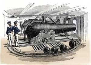 Steam Ship Prints: Artillery inside the revolving turret of the ironclad US gunboat Monitor during