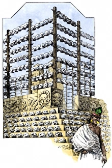 Mexican Prints: Aztec tzompantli, exhibiting skulls of sacrificed victims