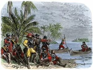 Central America Gallery: Balboa expeditions canoes on the Pacific, 1513