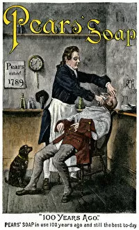 English Gallery: Barber shaving a customer with a razor