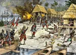 New Spain Prints: Bartholomew Columbuss cruel destruction of native villages on Hispaniola