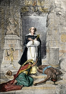 Roman Catholic Prints: Bartolome de Las Casas protecting the Aztecs from Spanish conquerors