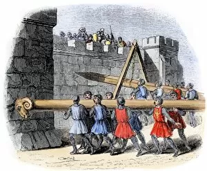 French Gallery: Battering rams used in a medieval siege